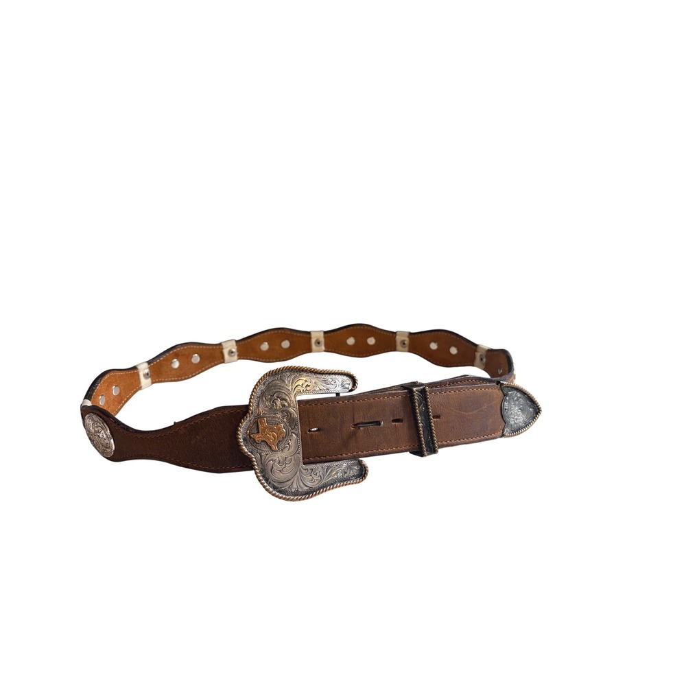 Montana Silversmiths Brown Leather Scalloped Concho Belt Texas Buckle Size 34
